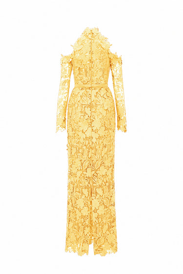 Yellow Floral Garden Lace Dress With Halter Neck And Long Sleeves - IHF STUDIO