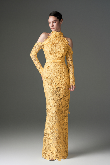 Yellow Floral Garden Lace Dress With Halter Neck And Long Sleeves - IHF STUDIO