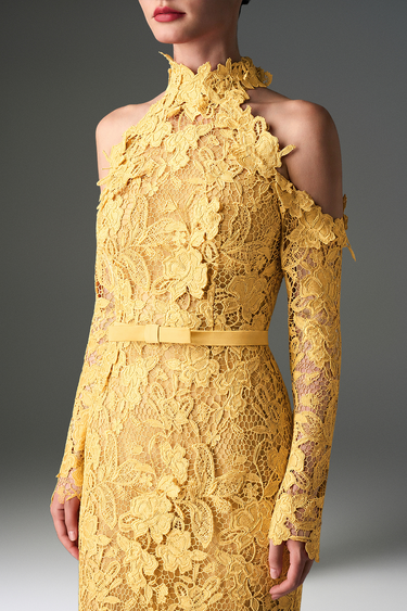 Yellow Floral Garden Lace Dress With Halter Neck And Long Sleeves - IHF STUDIO
