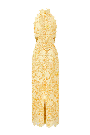 Yellow Floral Garden Lace Dress with Waist Cut-Out Details - IHF STUDIO