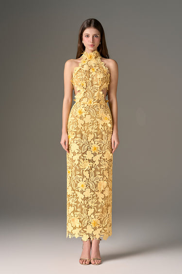 Yellow Floral Garden Lace Dress with Waist Cut-Out Details - IHF STUDIO