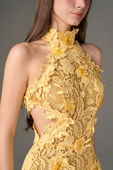 Yellow Floral Garden Lace Dress with Waist Cut-Out Details - IHF STUDIO