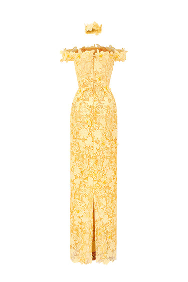 Yellow Floral Garden Lace Off-Shoulder Dress - IHF STUDIO