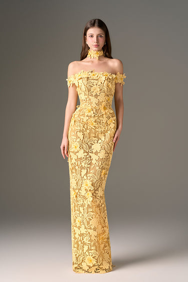 Yellow Floral Garden Lace Off-Shoulder Dress - IHF STUDIO