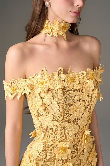 Yellow Floral Garden Lace Off-Shoulder Dress - IHF STUDIO