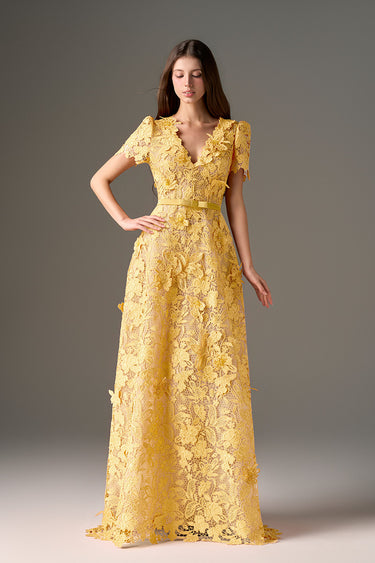 Yellow Floral Garden Short Sleeves A-Line Maxi Dress - IHF STUDIO